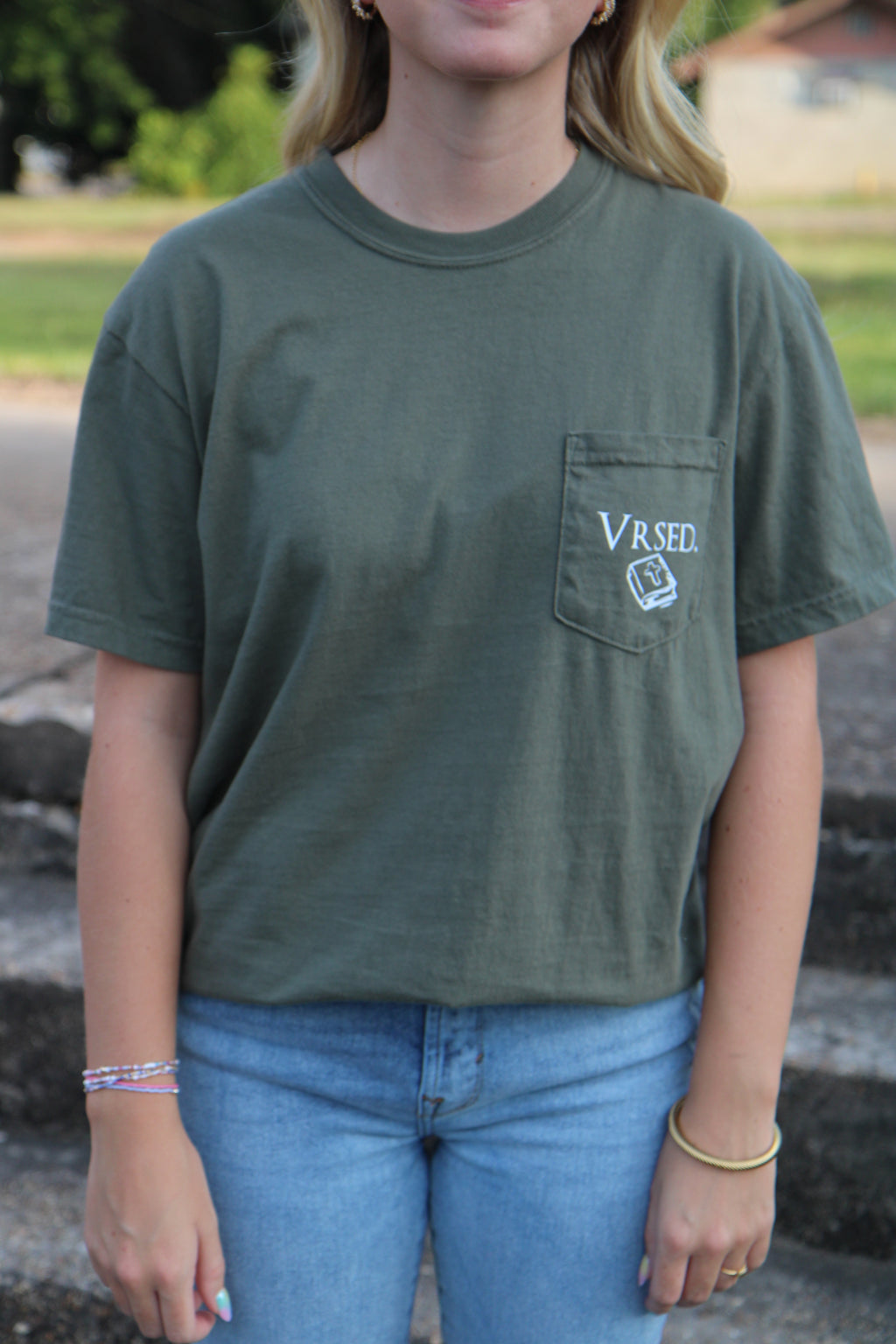 Matthew 28:19 Sage Pocket Tee