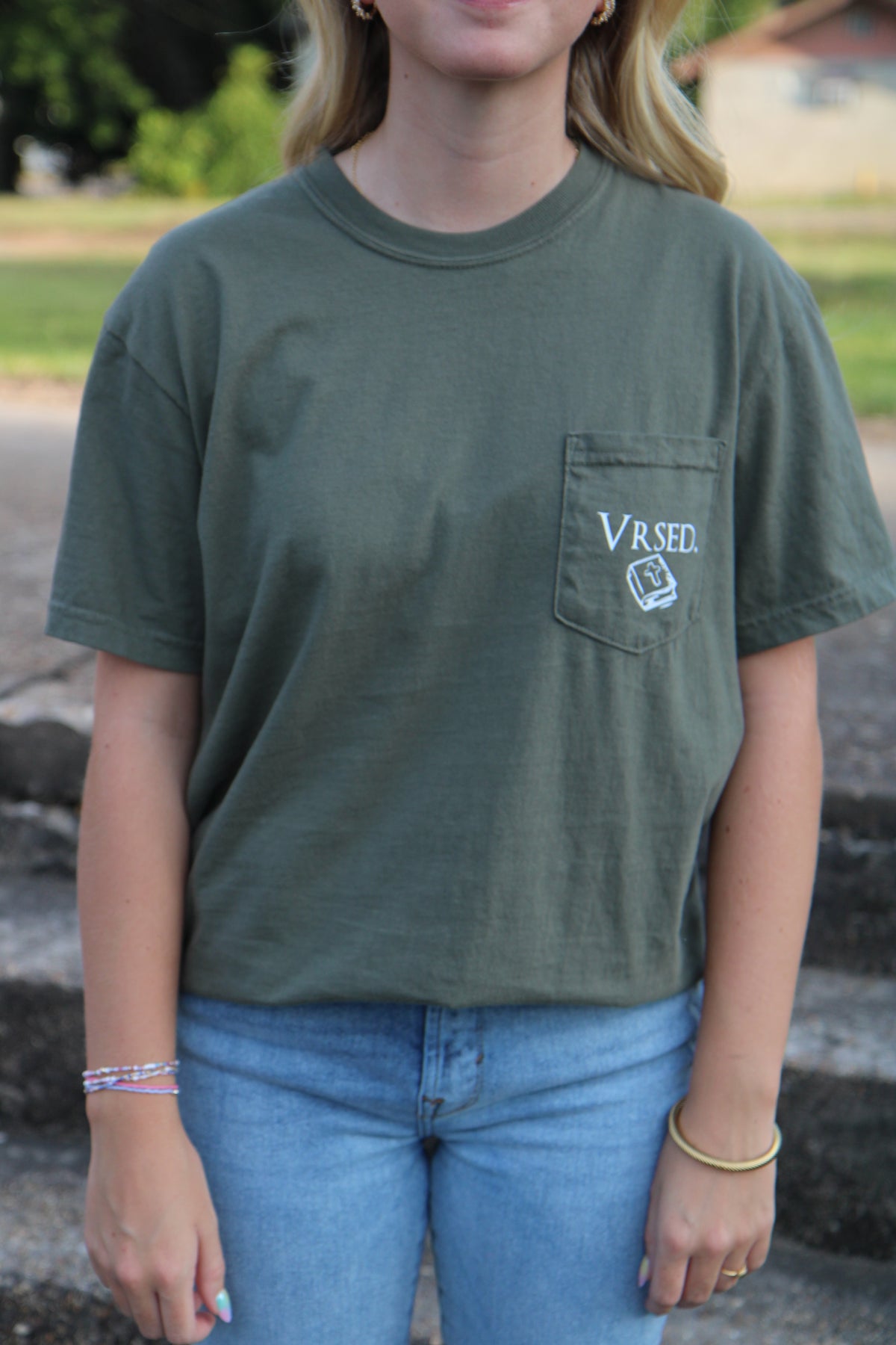 Matthew 28:19 Sage Pocket Tee