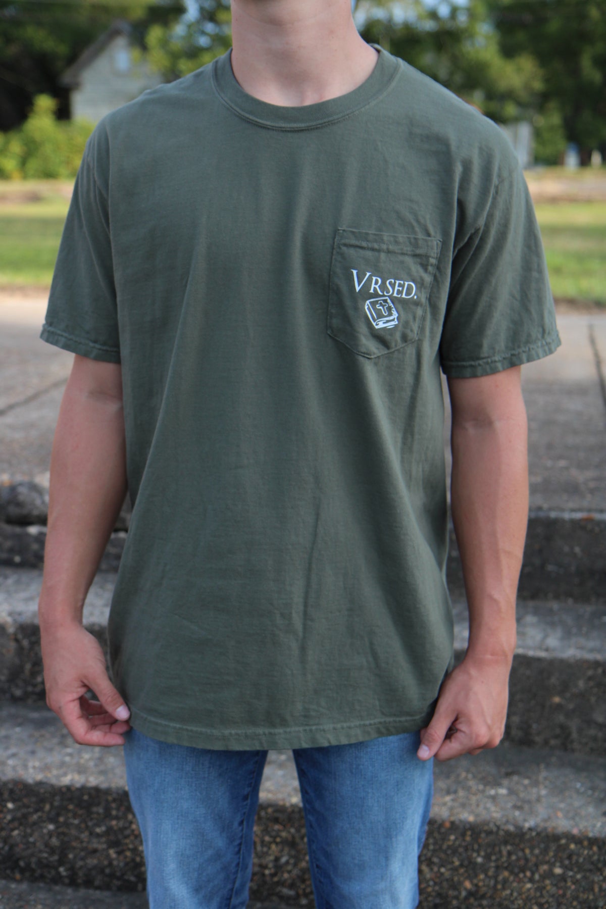 Matthew 28:19 Sage Pocket Tee