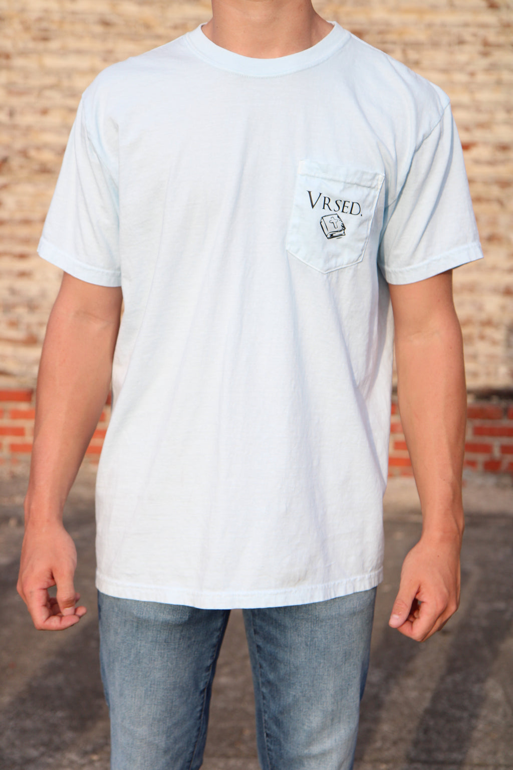 John 8:12 Light Blue Pocket Tee