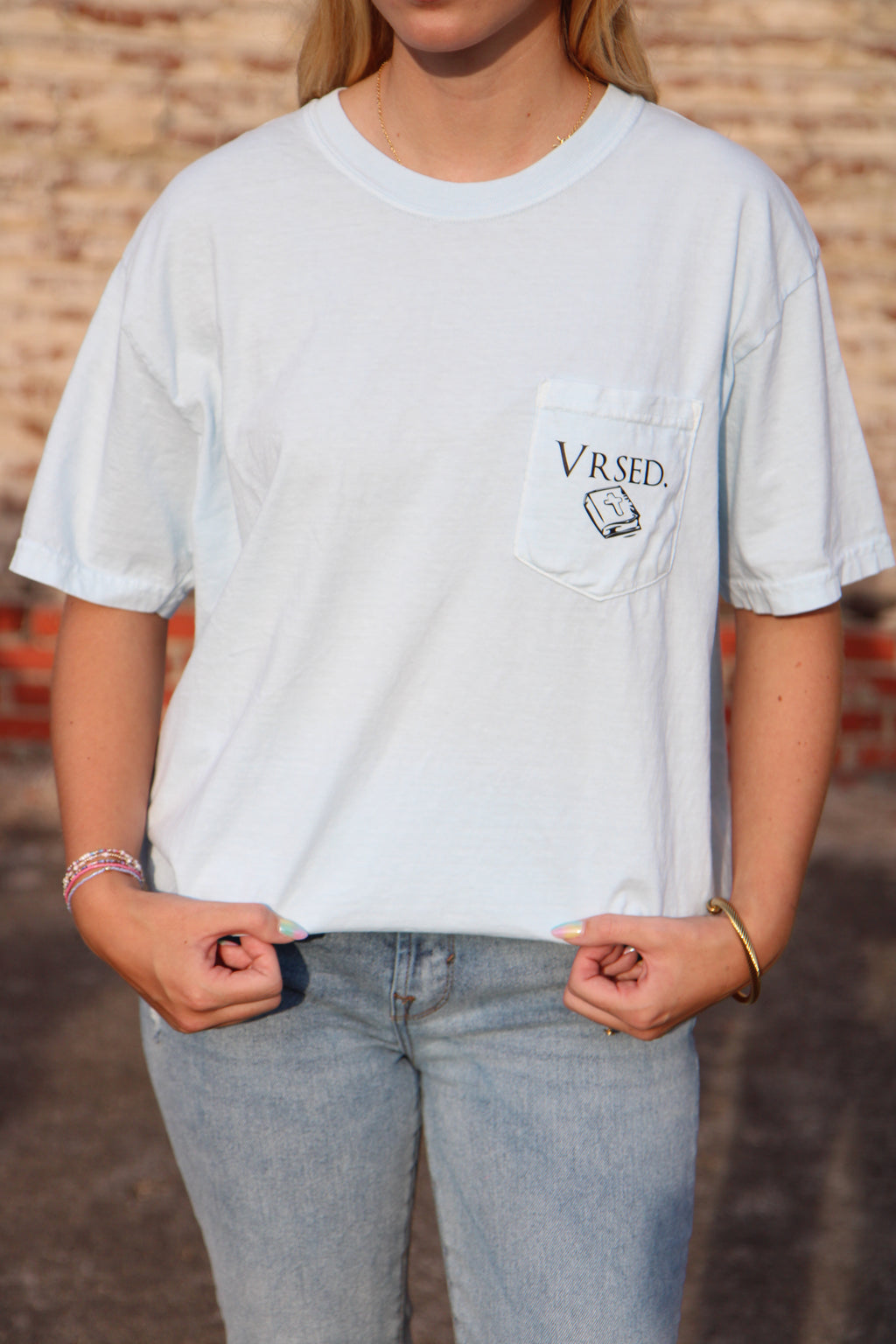 John 8:12 Light Blue Pocket Tee