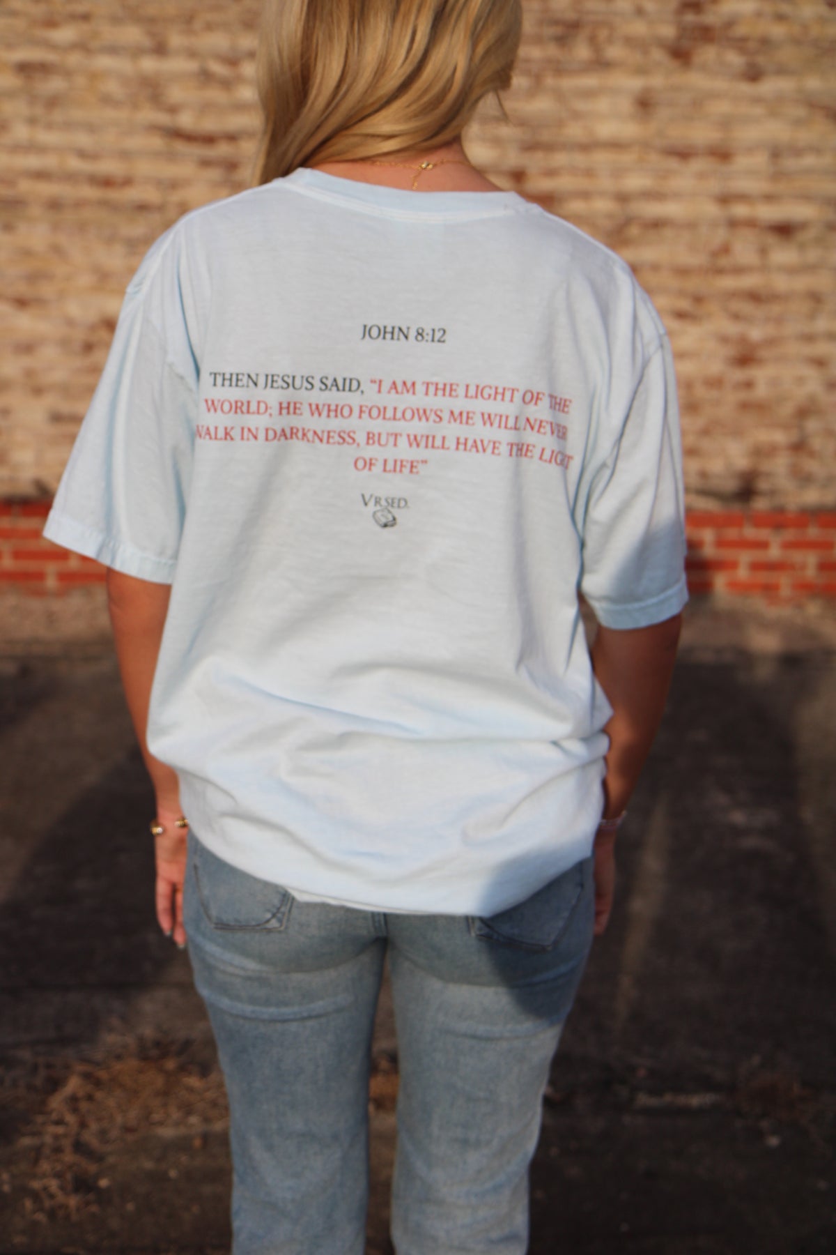 John 8:12 Light Blue Pocket Tee