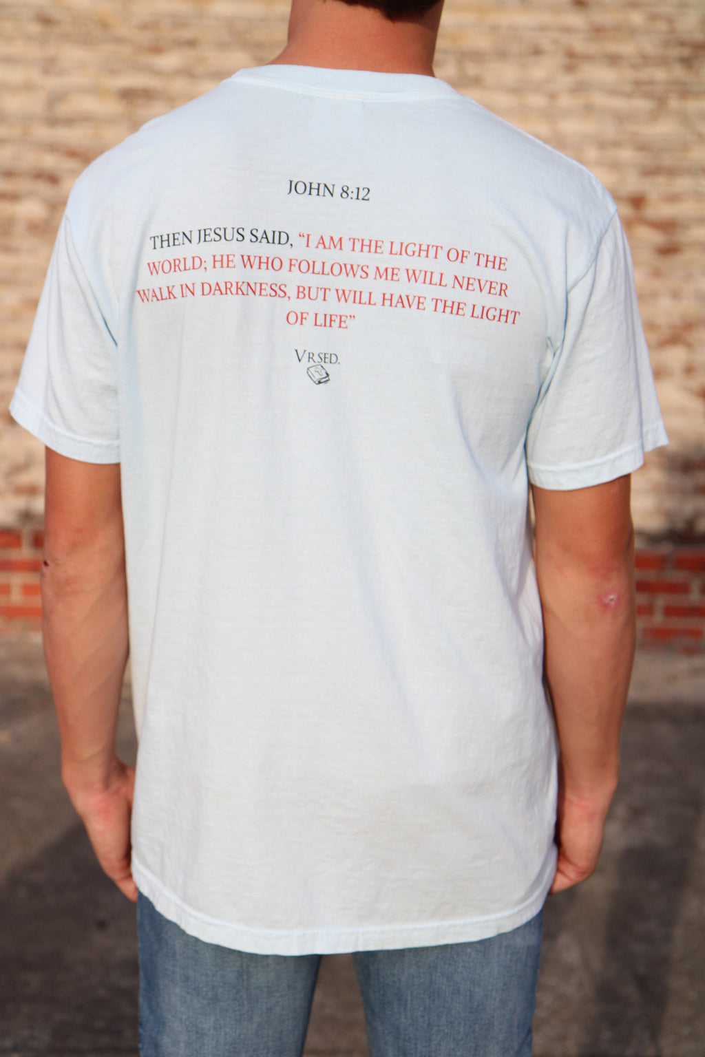 John 8:12 Light Blue Pocket Tee